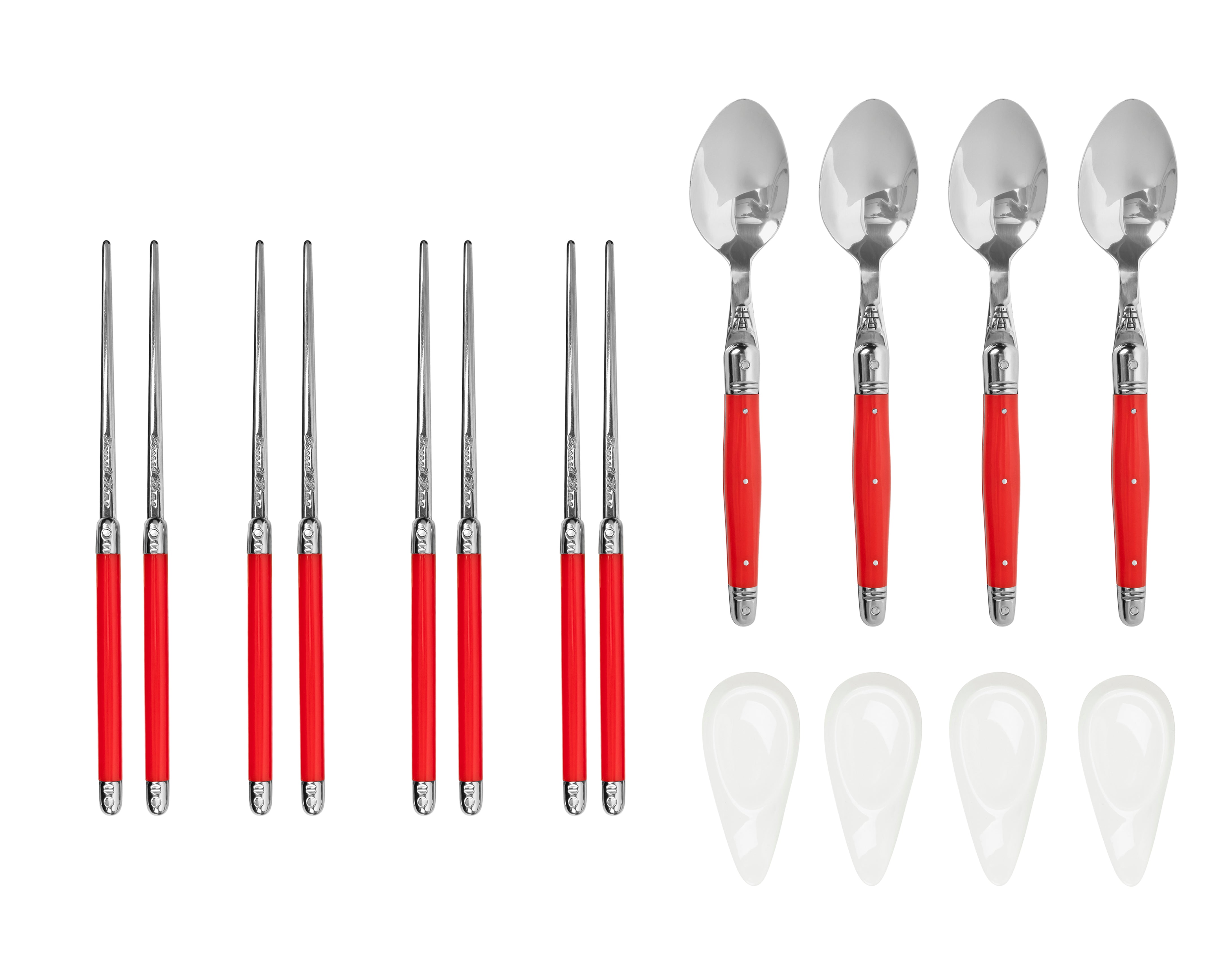 French Home Red Chopsticks, Laguiole Spoons and Ceramic Rests, Set