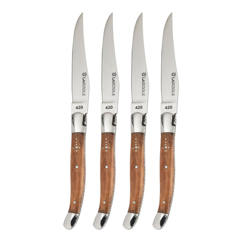 Au Nain Laguiole Set of 4 Steak Knives with Olive Wood Handles
