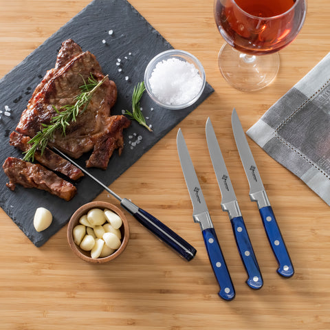 Au Nain, Set of 4 Steak Knives, with Pearlized Royal Blue Handles