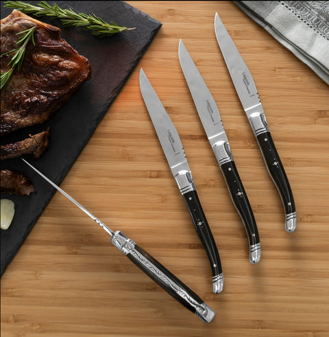 Goyon-Chazeau Set of 4 Laguiole Steak Knives with Ebony Wood Handles