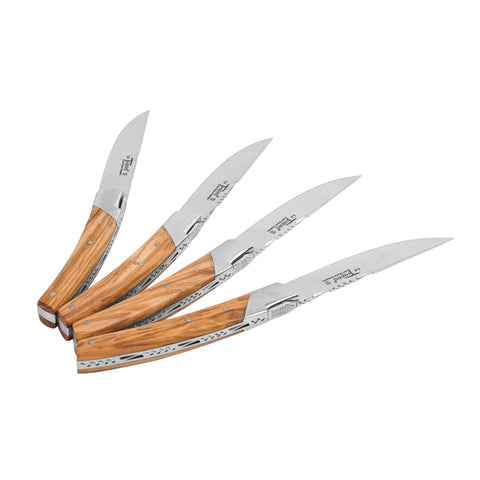 Goyon-Chazeau Set of 4 Pirou Castle Steak Knives with Olive Wood Handles