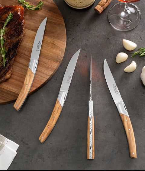 Goyon-Chazeau Set of 4 Pirou Castle Steak Knives with Olive Wood Handles