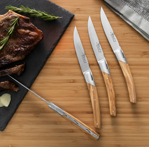 Goyon-Chazeau Set of 4 Pirou Castle Steak Knives with Olive Wood Handles