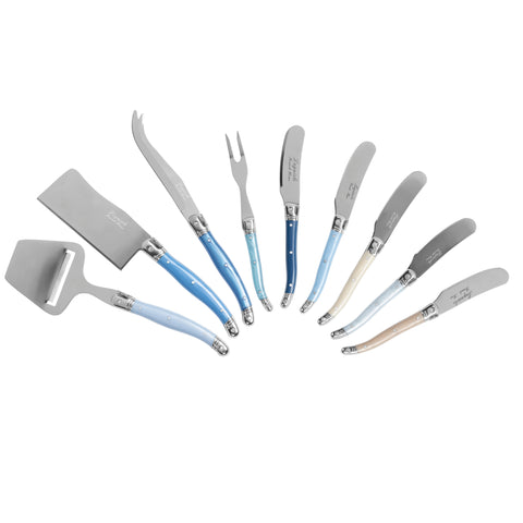 French Home Essential 9-Piece Laguiole Cheese Knife and Spreader Set with Shades of Blue Handles