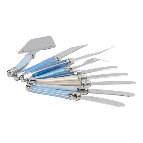French Home Essential 9-Piece Laguiole Cheese Knife and Spreader Set with Shades of Blue Handles