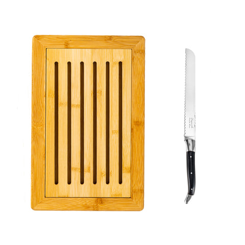 French Home Laguiole Black Pakkawood Bread Knife with Bamboo Bread Board