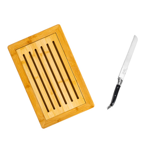 French Home Laguiole Black Pakkawood Bread Knife with Bamboo Bread Board