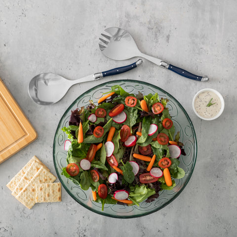French Home Recycled Glass Celebration Salad Bowl with Navy Laguiole Serving Utensils