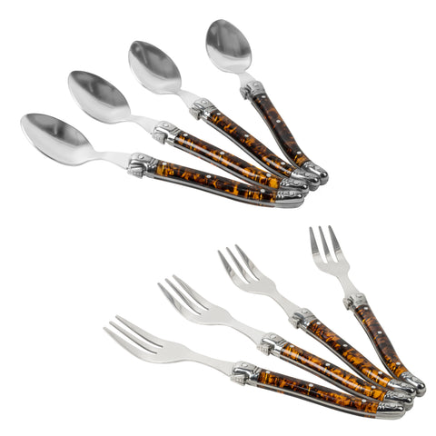 French Home 8-Piece Laguiole Dessert or Cocktail Spoon and Fork Set - Tortoise Shell