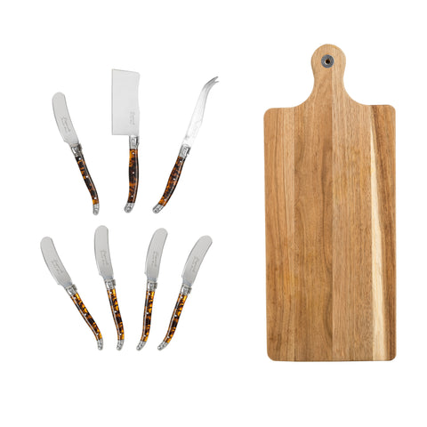 French Home 8-Piece Laguiole Tortoise Shell Cheese Knife and Spreader Set with Wood Board