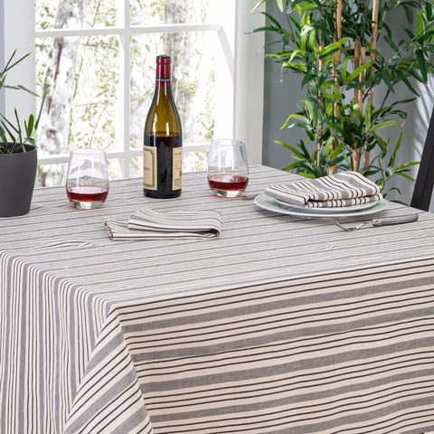 French Home 71" x 95" Black and Cream Multi-Striped Tablecloth