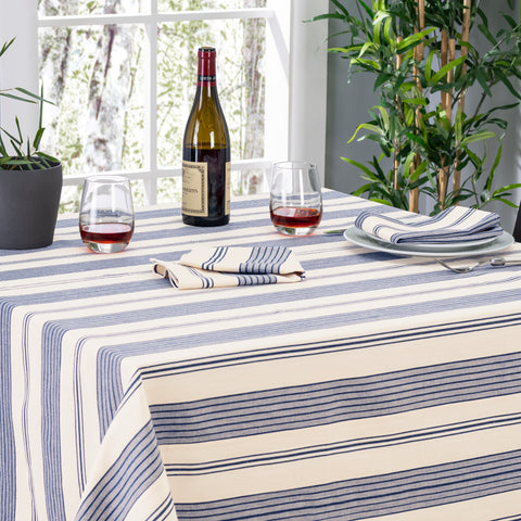 French Home 71" x 95" Blue and Cream Striped Tablecloth