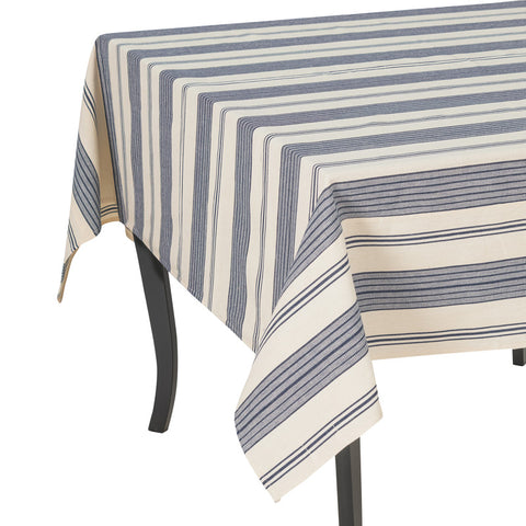 French Home 71" x 95" Blue and Cream Striped Tablecloth