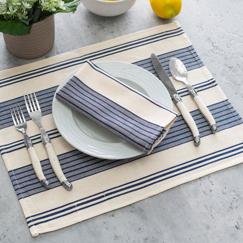 French Home Set of 4 Blue and Cream Striped Napkins