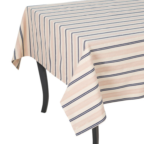 French Home 71" x 95" Cream, Blue, and Pink Striped Tablecloth