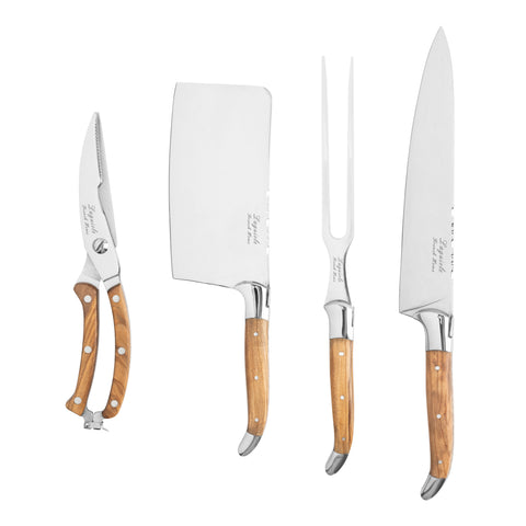 French Home 4-Piece Connoisseur Laguiole Professional Chef Knife Set with Olive Wood Handles