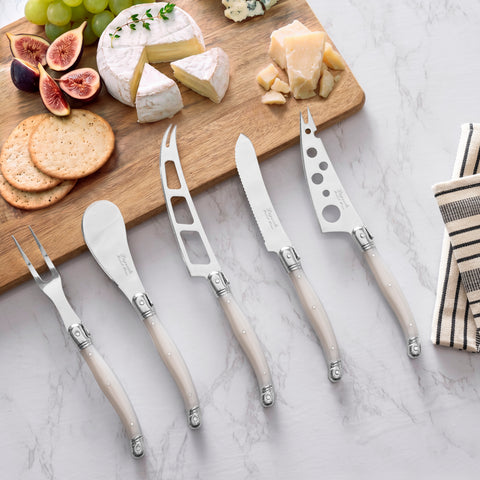 French Home 5-Piece Artisan Laguiole Cheese Knife Set with Pearlized White Handles