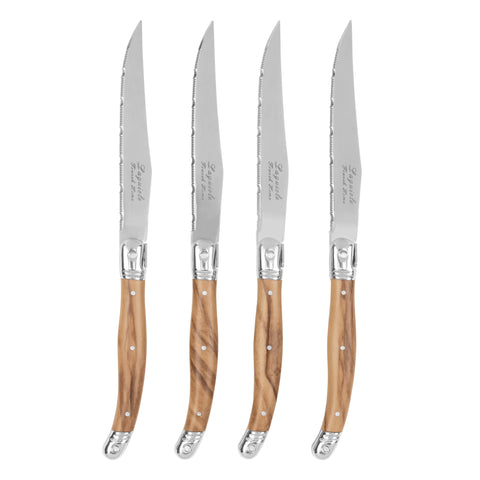 French Home, Set of 4, 2.5mm Etched Laguiole Steak Knives with Faux Olive Wood Handles