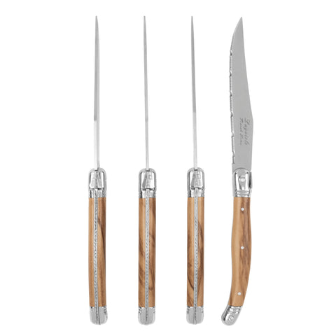 French Home, Set of 4, 2.5mm Etched Laguiole Steak Knives with Faux Olive Wood Handles