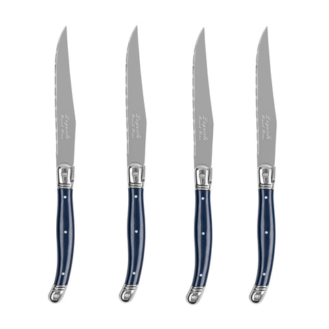French Home Laguiole Connoisseur 4-Piece Steak Knife Set with Navy Handles