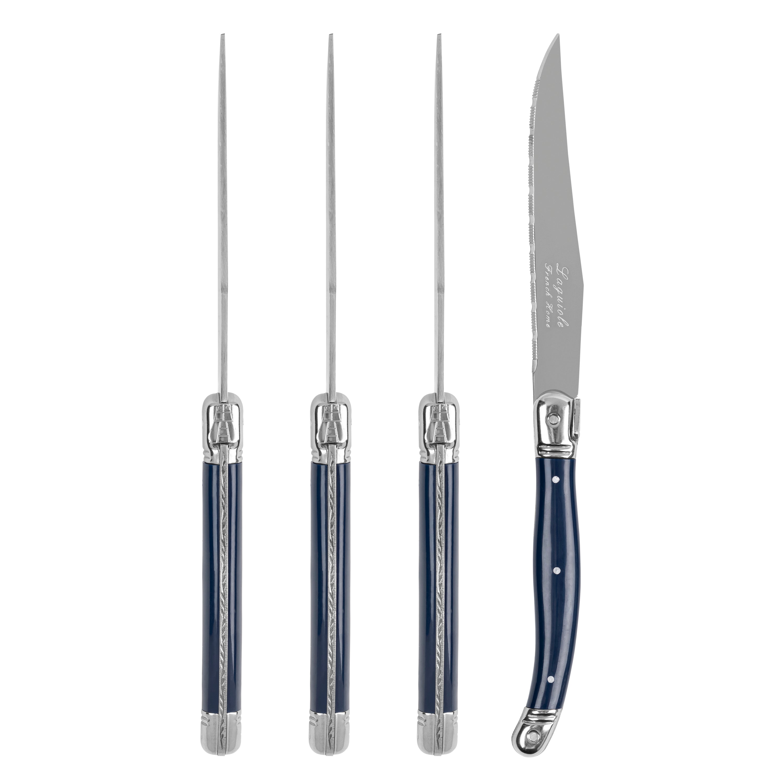 French Home Laguiole Connoisseur 4-Piece Steak Knife Set with Navy