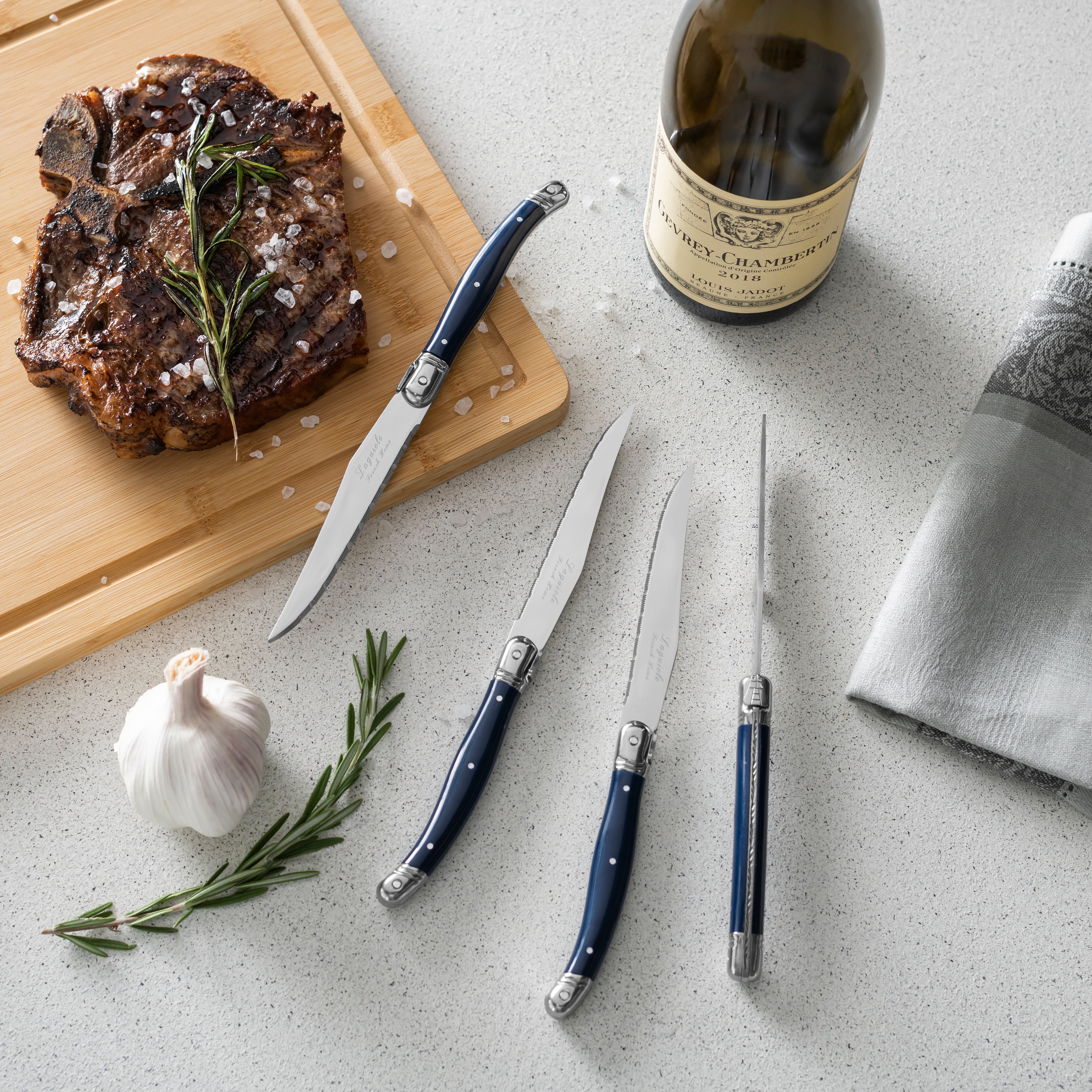 French Home Laguiole Connoisseur 4-Piece Steak Knife Set with Navy
