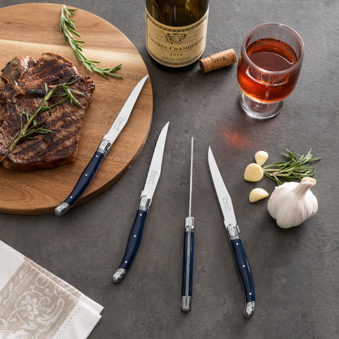 French Home Laguiole Connoisseur 4-Piece Steak Knife Set with Navy Handles