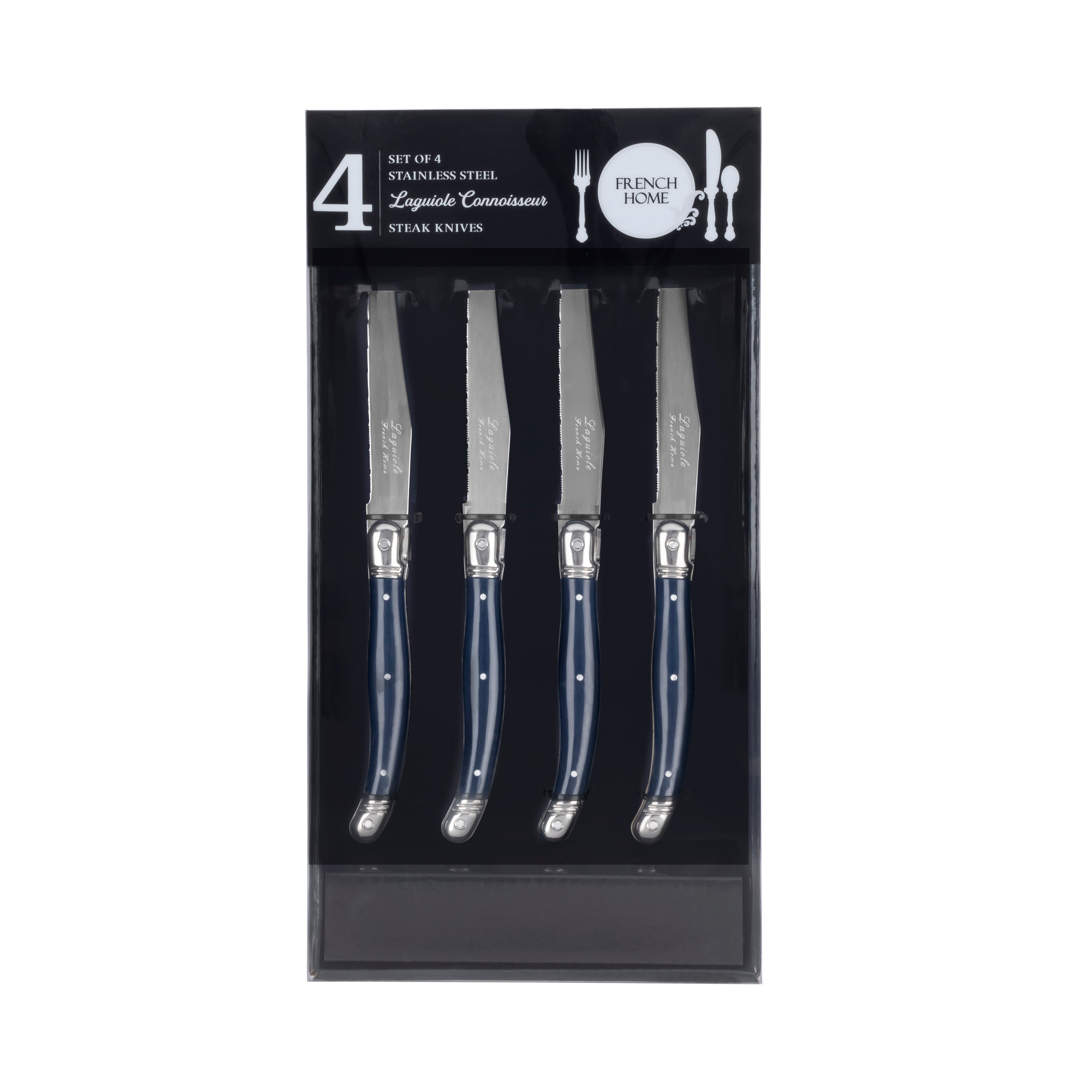 French Home Laguiole Connoisseur 4-Piece Steak Knife Set with Navy Han