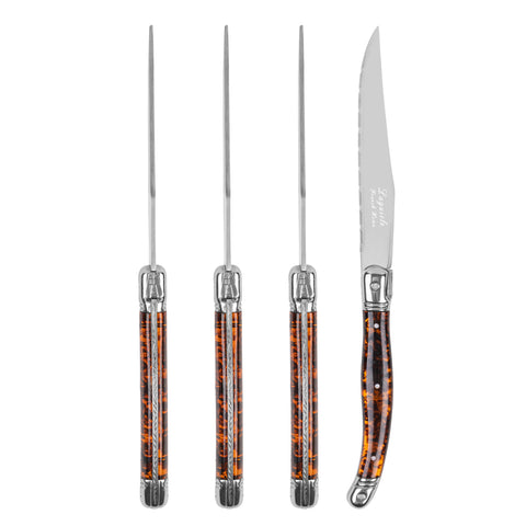 French Home Laguiole Connoisseur 4-Piece Steak Knife Set with Tortoise Handles