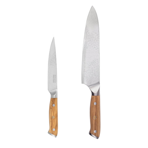 French Home 2-Piece Damascus Steel Knife Set with Olive Wood Handles