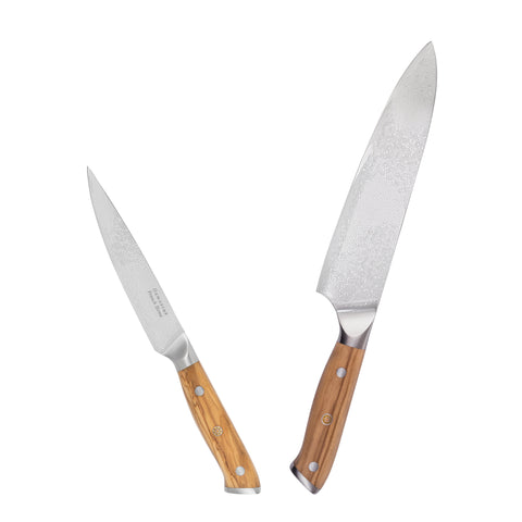 French Home 2-Piece Damascus Steel Knife Set with Olive Wood Handles