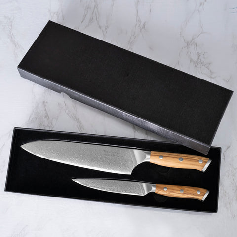 French Home 2-Piece Damascus Steel Knife Set with Olive Wood Handles