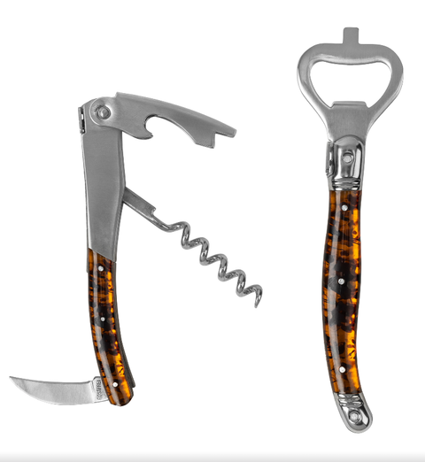 French Home Laguiole Barware Bottle Opener & Corkscrew Set with Tortoise Shell Handles