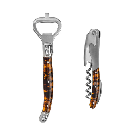 French Home Laguiole Barware Bottle Opener & Corkscrew Set with Tortoise Shell Handles