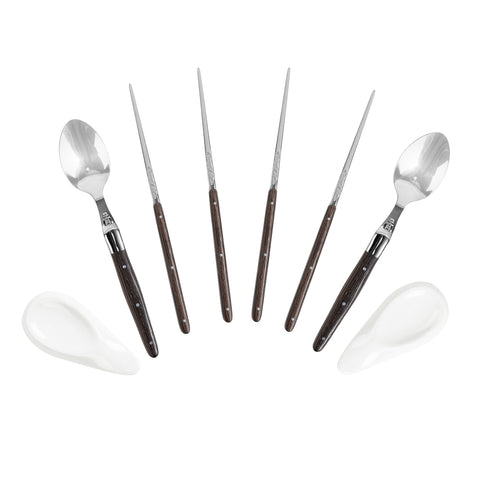 French Home Wenge Wood Chopsticks, Laguiole Spoons, and Ceramic Rests, Set of 2 Pairs