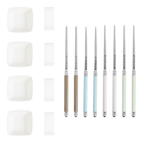 French Home Mother of Pearl Colored Chopsticks, Ceramic Rests and Sauce Bowls, Set of 4 Pairs