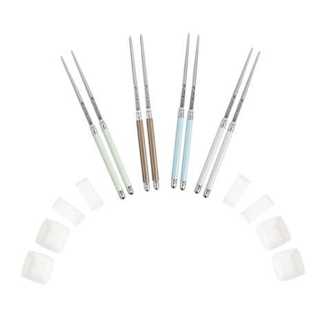 French Home Mother of Pearl Colored Chopsticks, Ceramic Rests and Sauce Bowls, Set of 4 Pairs