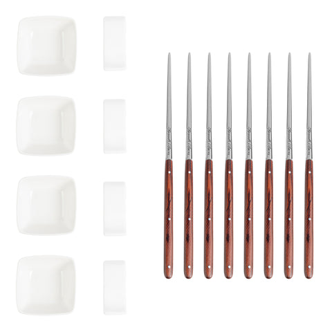 French Home Pakkawood Chopsticks, Ceramic Rests and Sauce Bowls, Set of 4 Pairs