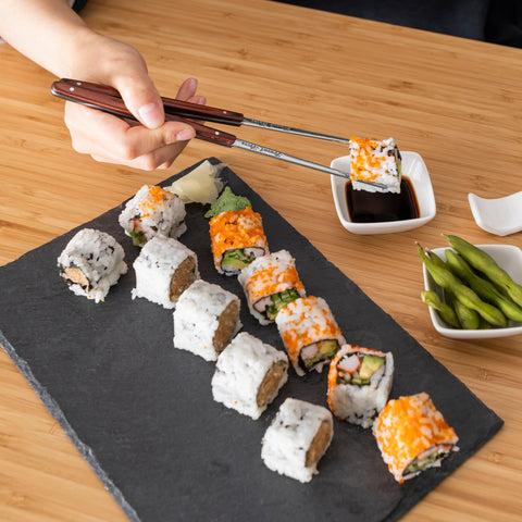 French Home Pakkawood Chopsticks, Ceramic Rests and Sauce Bowls, Set of 4 Pairs