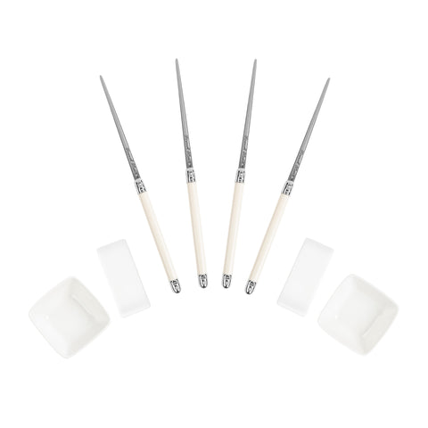 French Home Chopsticks with Faux Ivory Handles, Ceramic Rests and Sauce Bowls, Set of 2 Pairs