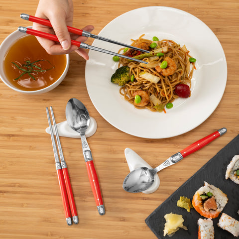 French Home Red Chopsticks, Laguiole Spoons and Ceramic Rests, Set of 4 Pairs