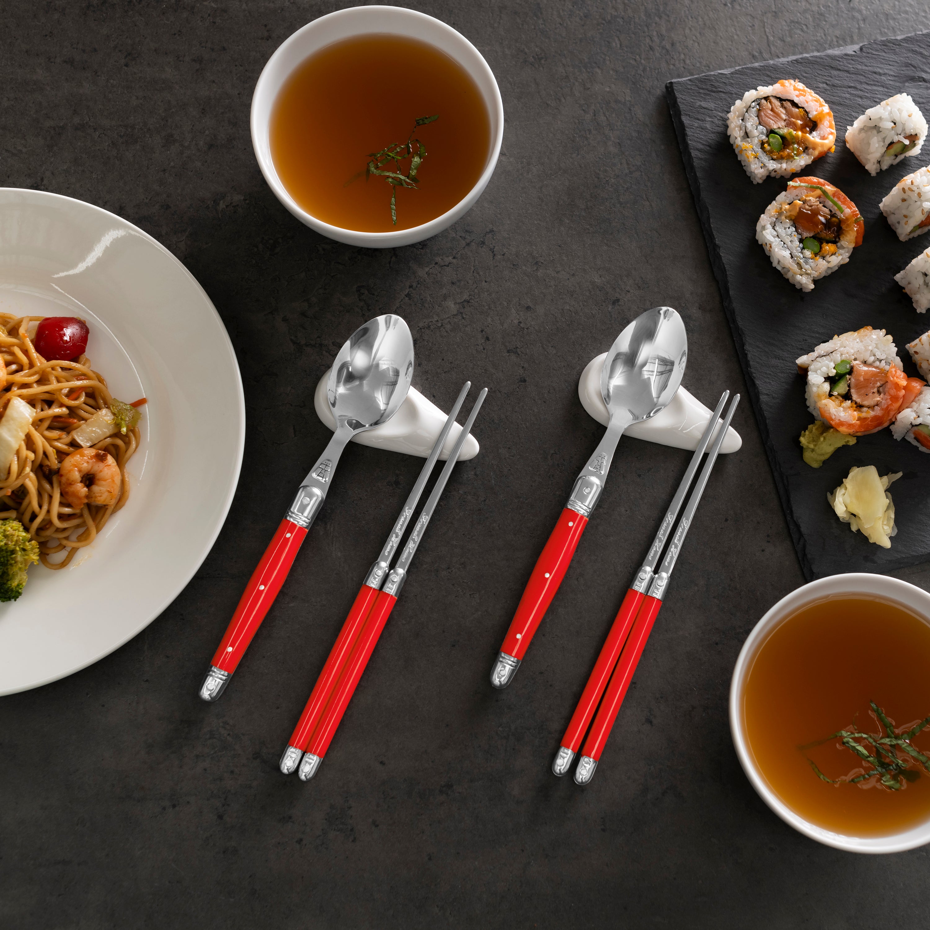 French Home Red Chopsticks, Laguiole Spoons and Ceramic Rests, Set