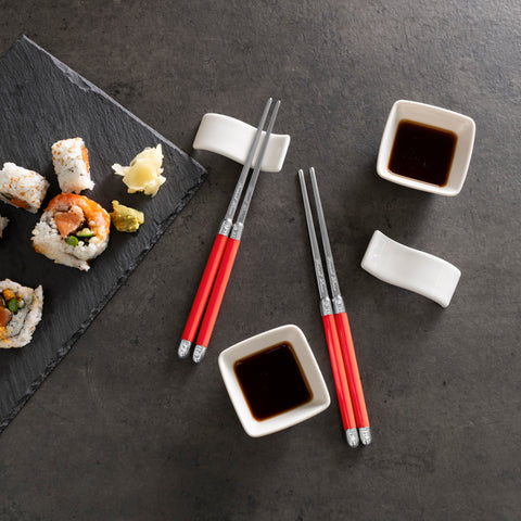 French Home Chopsticks with Red Handles, Ceramic Rests and Sauce Bowls, Set of 2 Pairs