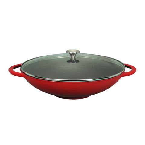 Chasseur French Enameled Cast Iron Wok with Glass Lid, 16-inch Diameter, Red