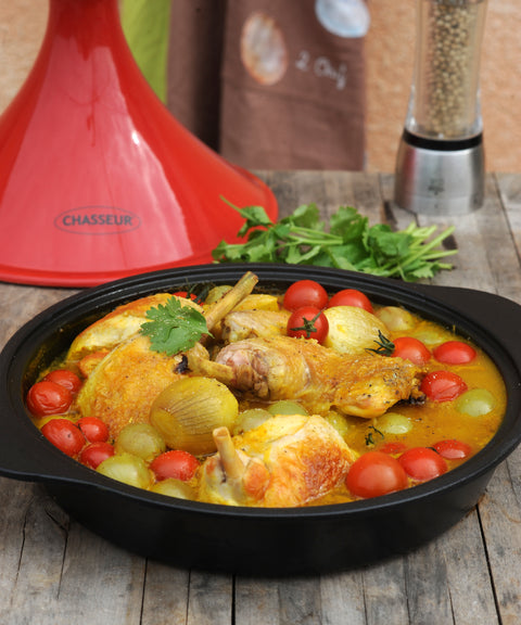 Chasseur French Enameled Cast Iron Tajine with Ceramic Cone Lid, 12-inch Diameter, Red