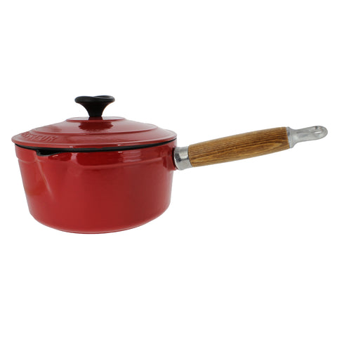 Chasseur French Enameled Cast Iron Saucepan, Lid & Wood Handle, 1.3-quart, Red