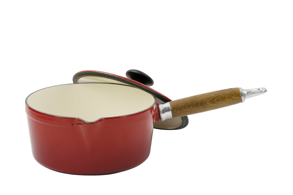 Chasseur French Enameled Cast Iron Saucepan, Lid & Wood Handle, 1.3-quart, Red
