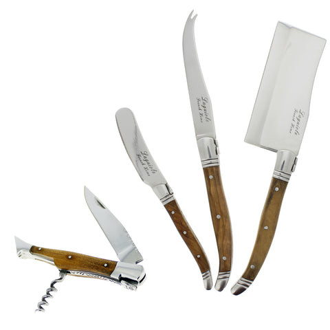 French Home Laguiole Connoisseur Olive Wood Cheese Knife and Wine Opener Set, 4 Piece.