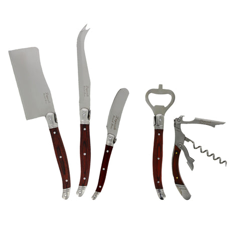 French Home Laguiole 5 Piece Cheese Knife and Wine Opener Set with Pakkawood Handles