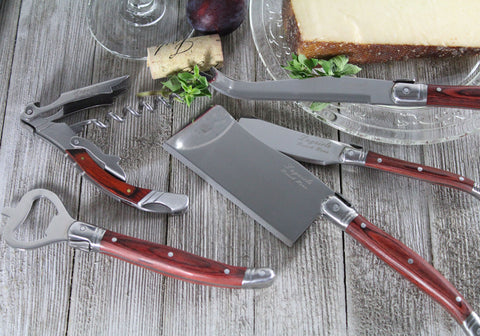 French Home Laguiole 5 Piece Cheese Knife and Wine Opener Set with Pakkawood Handles